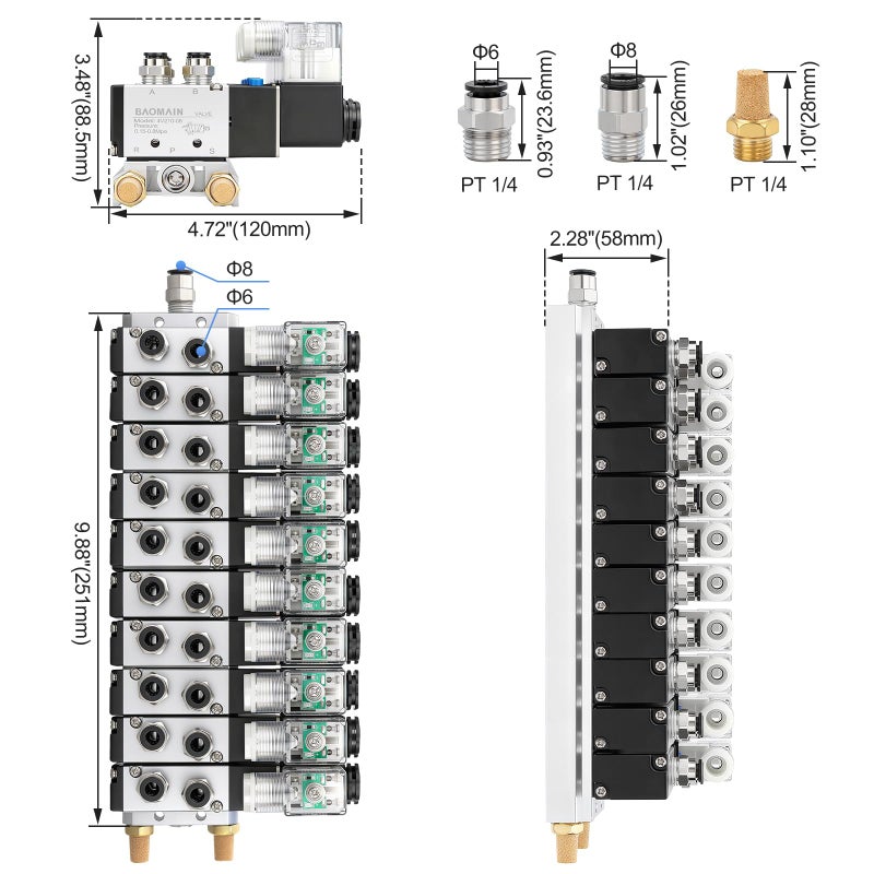 Baomain 10 Station Solenoid Valve Manifold, 24V DC 5 Way 2 Position Pneumatic Air Valve, Ten Solenoid, 1/4" PT Port, Includes Manifold Base & Mufflers, 4V210-08 - Image 2